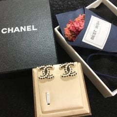  Bông Tai Chanel Màu Vàng Ngọc Trai & Pha Lê Đen (BF) 