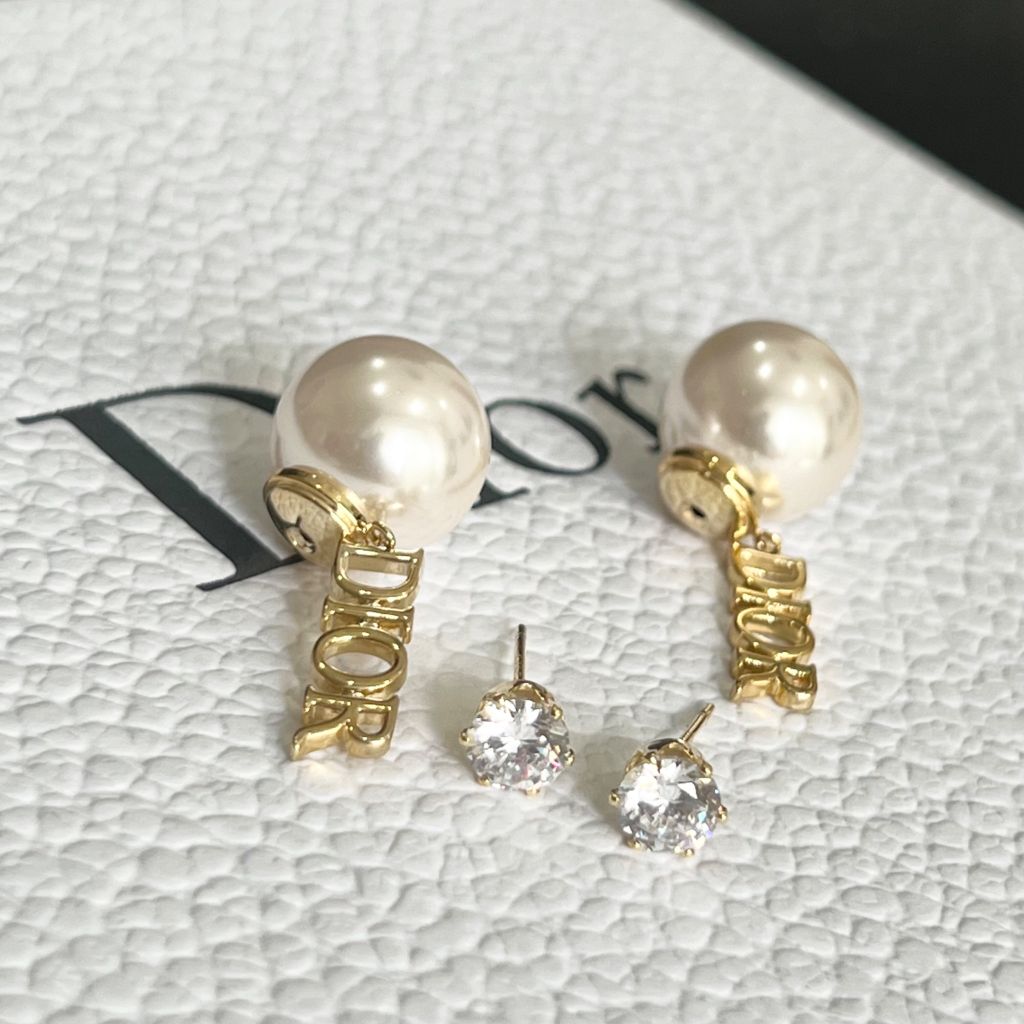 Bông Tai Dior Màu Vàng Ngọc Trai & Pha Lê Trắng (AV) - Có 3 Kiểu Đeo 