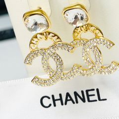  Bông Tai Chanel Bản To Màu Vàng Pha Lê Trắng (CI) 