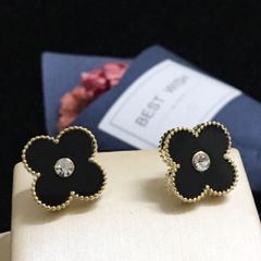  Bộ Trang Sức Cỏ 4 Lá May Mắn - Vòng Tay & Bông Tai Màu Đen Bản To Pha Lê (AA) 