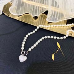  Dây Chuyền Ngắn - Dior Trái Tim Màu Trắng Ngọc Trai & Pha Lê (AJ) 