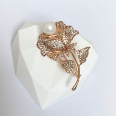  Cài Áo Hoa Hồng Màu Vàng Hồng Ngọc Trai & Pha Lê Trắng (AW) 