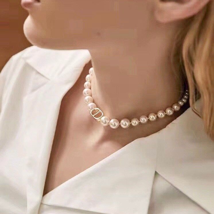  Bộ Trang Sức Dior Vàng - Vòng cổ Choker, Vòng Tay & Bông Tai Ngọc Trai Quý Phái (AE) 