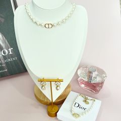  Bộ Trang Sức Dior Vàng - Vòng cổ Choker, Vòng Tay & Bông Tai Ngọc Trai, Pha Lê 6 Kiểu Đeo Quý Phái (AH) 