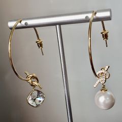  Bông Tai Khoen Tròn To So Le Màu Vàng Ngọc Trai & Pha Lê Trắng Cá Tính (AH) 