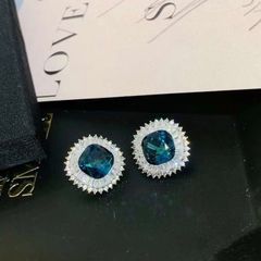  Bông Tai Vuông Bản To Pha Lê Xanh Bích & Trắng Sang Trọng (AP) 