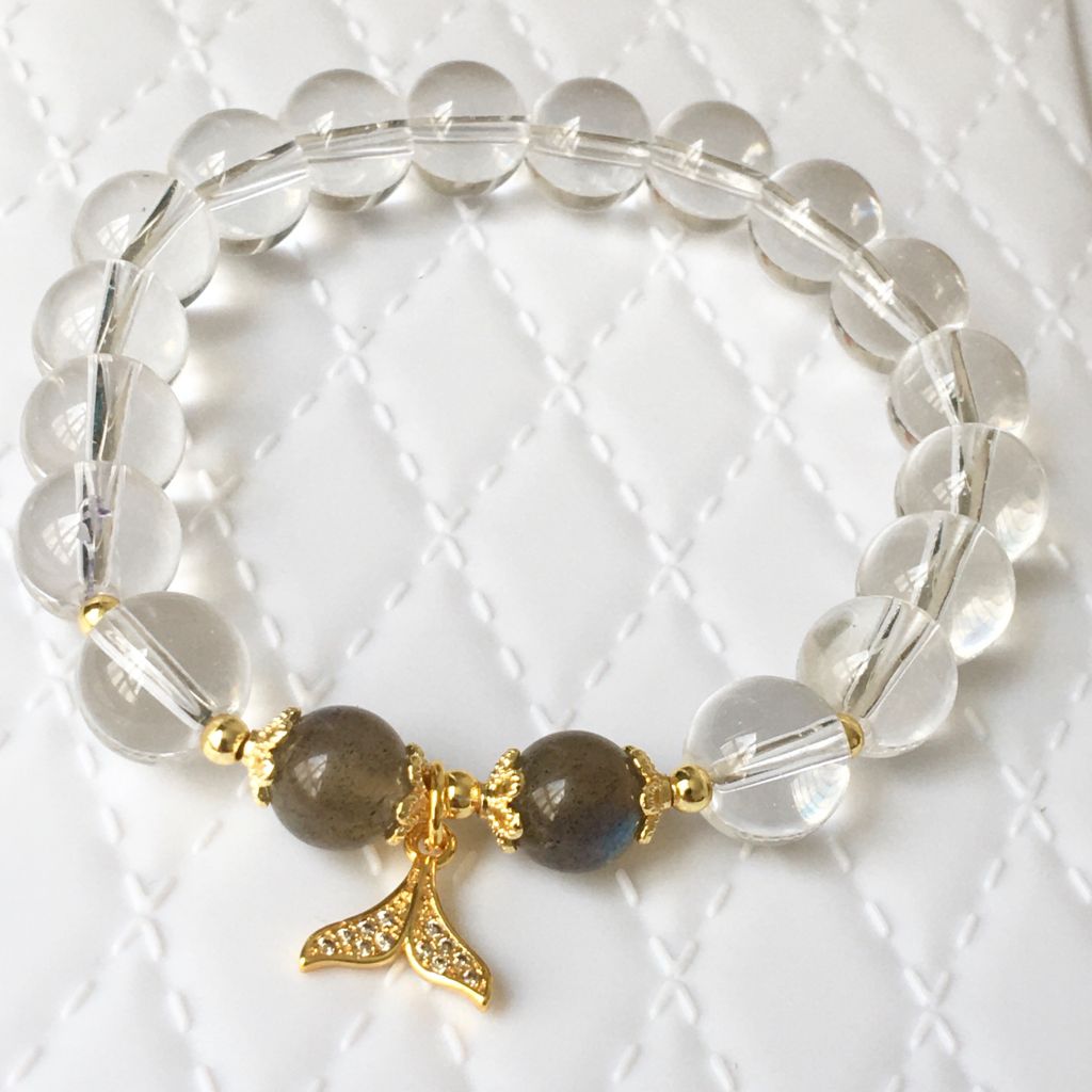  Vòng Đá Phong Thuỷ Cao Cấp - Đuôi Cá Pha Lê & Đá Thạch Anh Trắng, Đá Mặt Trăng Màu Xám Tự Nhiên 