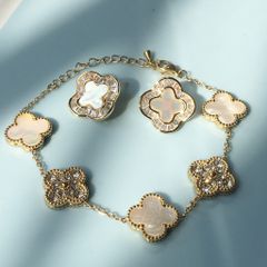  Bộ Trang Sức Cỏ 4 Lá May Mắn - Vòng Tay & Bông Tai Màu Vàng Bản To Pha Lê (AL) 