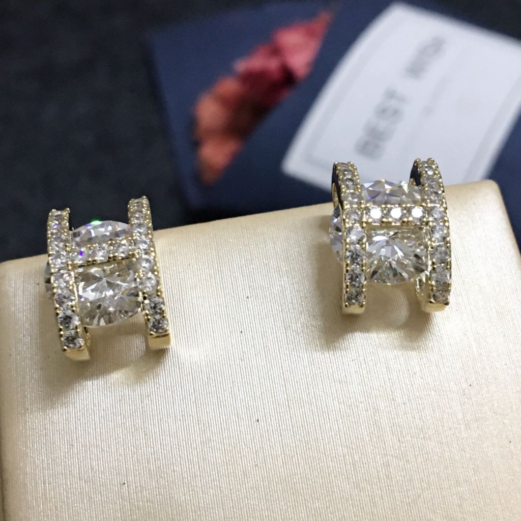  Bông Tai Hermes Màu Vàng Pha Lê Trắng (AF) 