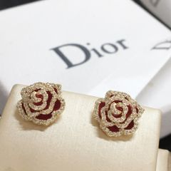  Bông Tai Hoa Hồng Đỏ Viền Vàng Pha Lê Trắng (BC) 