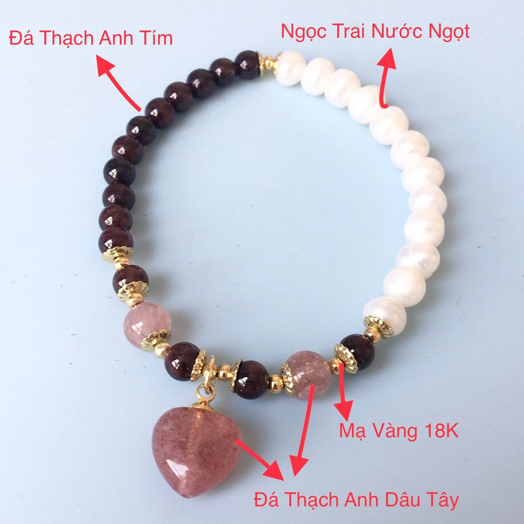  Vòng Tay Phong Thuỷ Cao Cấp - Trái Tim Đá Thạch Anh Dâu Tây, Thạch Anh Tím & Ngọc Trai Nước Ngọt (AF) 