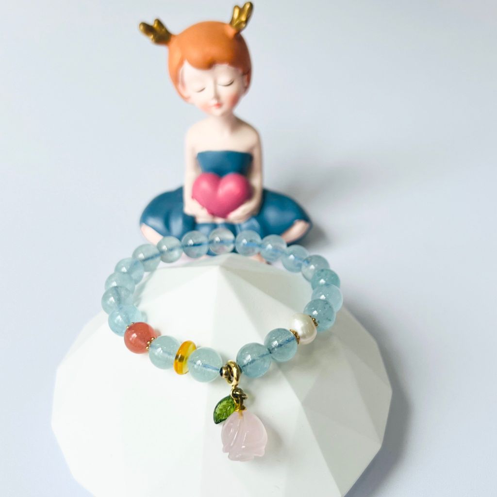  Vòng Đá Phong Thuỷ Cao Cấp - Hoa Hồng Thạch Anh Hồng, Đá Aquamarine & Ngọc Trai Nước Ngọt 