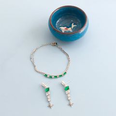  Bộ Trang Sức Pha Lê Xanh Lá - Vòng Tay & Bông Tai Ngôi Sao Tinh Tế 