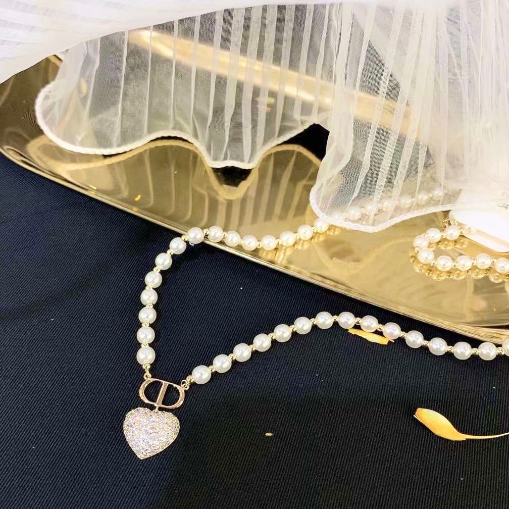  Dây Chuyền Ngắn - Dior Trái Tim Màu Vàng Ngọc Trai & Pha Lê Trắng (AI) 