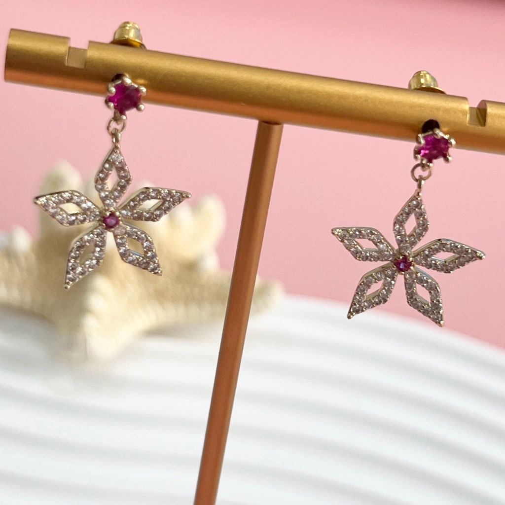  Bông Tai Cánh Hoa Pha Lê Hồng & Trắng (BR) 