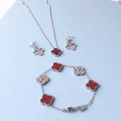  Bộ Trang Sức Cỏ 4 Lá May Mắn - Dây Chuyền, Vòng Tay & Bông Tai Màu Đỏ Pha Lê Trắng (AJ) 