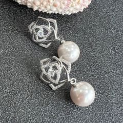  Bông Tai Hoa Hồng Ngọc Trai & Pha Lê Trắng (AL) 