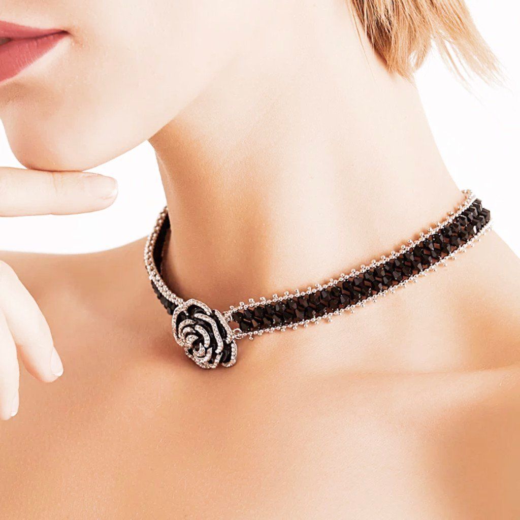  Bộ Trang Sức Hoa Hồng Đen - Vòng Cổ Choker, Vòng Tay & Bông Tai Bản To Pha Lê Đen Sang Trọng 