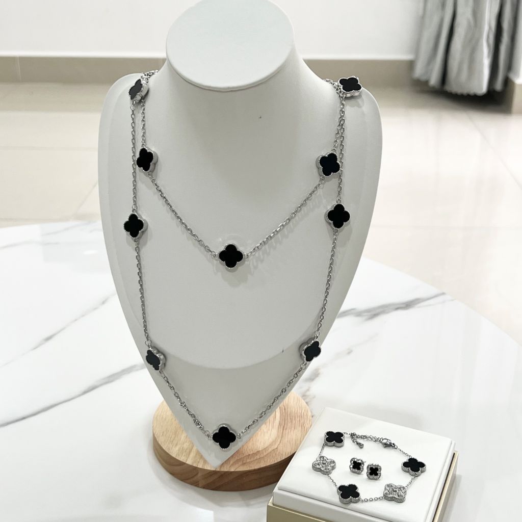  Bộ Trang Sức Cỏ 4 Lá May Mắn Trắng Đen Size 1cm - Dây Chuyền, Vòng Tay & Bông Tai Pha Lê (AR) 