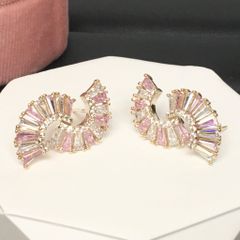  Bông Tai Viền Tai Chữ S Bản To Màu Vàng Pha Lê Hồng & Trắng Sang Trọng 