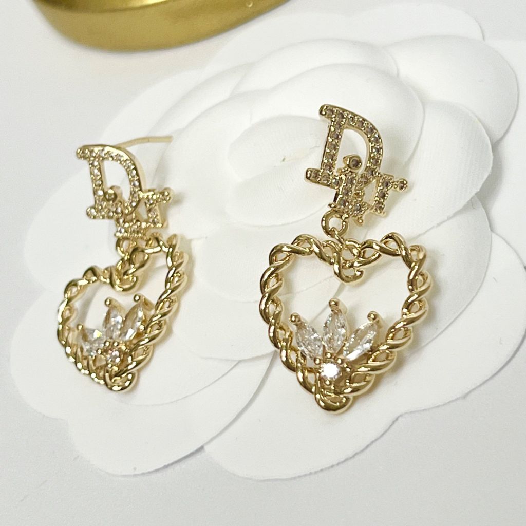  Bông Tai Dior Trái Tim Màu Vàng Pha Lê Trắng 