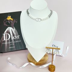  Bộ Trang Sức Dior Trắng - Vòng cổ Choker & Bông Tai Ngọc Trai, Pha Lê Quý Phái (AF) 