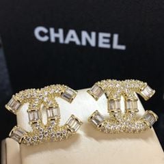  Bông Tai Chanel Bản To Màu Vàng Pha Lê Trắng (BH) 