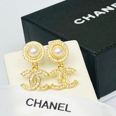  Bông Tai Chanel Bản To Màu Vàng Ngọc Trai & Pha Lê Trắng (CH) 