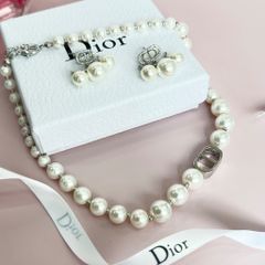  Bộ Trang Sức Dior Trắng - Vòng cổ Choker & Bông Tai Ngọc Trai Quý Phái (AB) 