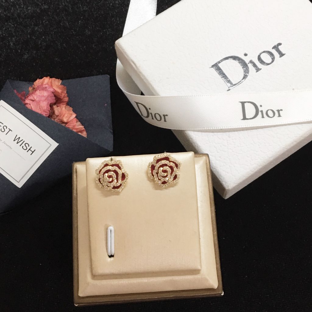  Bông Tai Hoa Hồng Đỏ Viền Vàng Pha Lê Trắng (BC) 