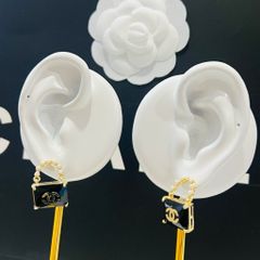  Bông Tai Túi Xách Chanel Bản To Màu Vàng Pha Lê Đen & Ngọc Trai (BW) 