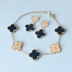  Bộ Trang Sức 2 Mặt Cỏ 4 Lá May Mắn - Vòng Tay & Bông Tai Màu Đen Bản To Pha Lê (AE) 