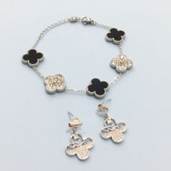  Bộ Trang Sức Cỏ 4 Lá May Mắn - Vòng Tay & Bông Tai Màu Trắng Đen Pha Lê (AH) 
