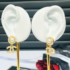  Bông Tai Chanel Bản To Màu Vàng Ngọc Trai & Pha Lê Trắng (CH) 