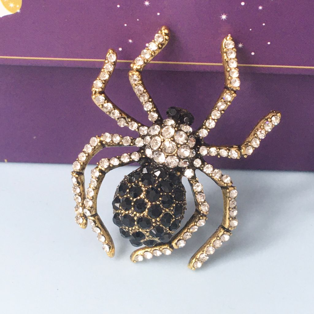  Cài Áo Nam - Con Nhện Màu Vàng Pha Lê Đen & Trắng (AK) 