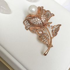  Cài Áo Hoa Hồng Màu Vàng Hồng Ngọc Trai & Pha Lê Trắng (AW) 