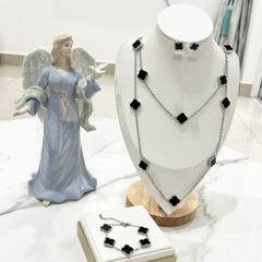  Bộ Trang Sức Cỏ 4 Lá May Mắn Trắng Đen Size 1,5cm - Dây Chuyền, Vòng Tay & Bông Tai Pha Lê (AS) 