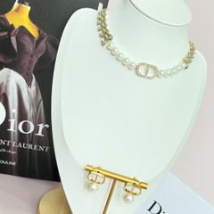  Bộ Trang Sức Dior Vàng - Vòng cổ Choker & Bông Tai Ngọc Trai, Pha Lê Quý Phái (AJ) 
