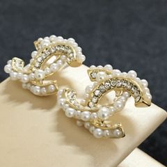  Bông Tai Chanel Bản To Màu Vàng Ngọc Trai & Pha Lê Trắng (BD) 