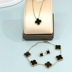  Bộ Trang Sức Cỏ 4 Lá May Mắn Vàng Đen Size 1cm - Dây Chuyền, Vòng Tay & Bông Tai Pha Lê (AP) 