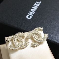  Bông Tai Chanel Bản To Màu Vàng Ngọc Trai & Pha Lê Trắng (BK) 