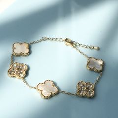  Bộ Trang Sức Cỏ 4 Lá May Mắn - Vòng Tay & Bông Tai Màu Vàng Bản To Pha Lê (AL) 