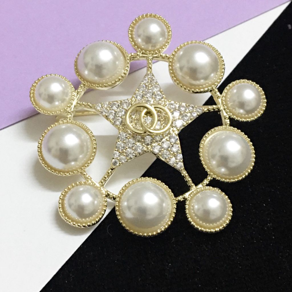  Cài Áo Nam, Nữ - Chanel Ngôi Sao Vàng Ngọc Trai & Pha Lê Trắng (BL) 