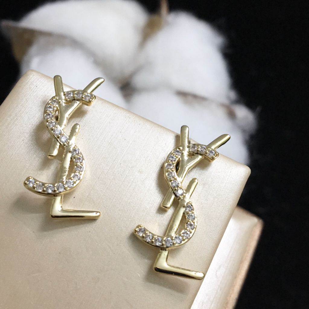  Bông Tai YSL Màu Vàng Pha Lê Trắng (AD) 