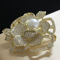  Cài Áo Hoa Hồng Vàng Ngọc Trai & Pha Lê Trắng (AK) 