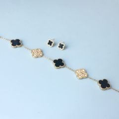  Bộ Trang Sức Cỏ 4 Lá May Mắn Vàng Đen Size 1cm - Dây Chuyền, Vòng Tay & Bông Tai Pha Lê (AP) 