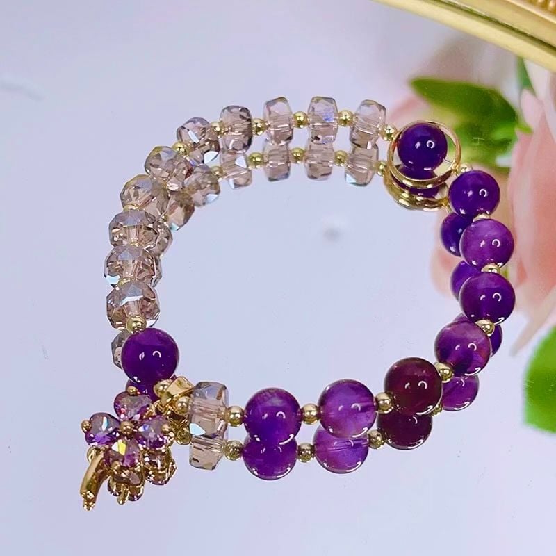  Vòng Đá Phong Thuỷ Cao Cấp - Cỏ 4 Lá May Mắn Pha Lê & Đá Thạch Anh Tím Tự Nhiên 