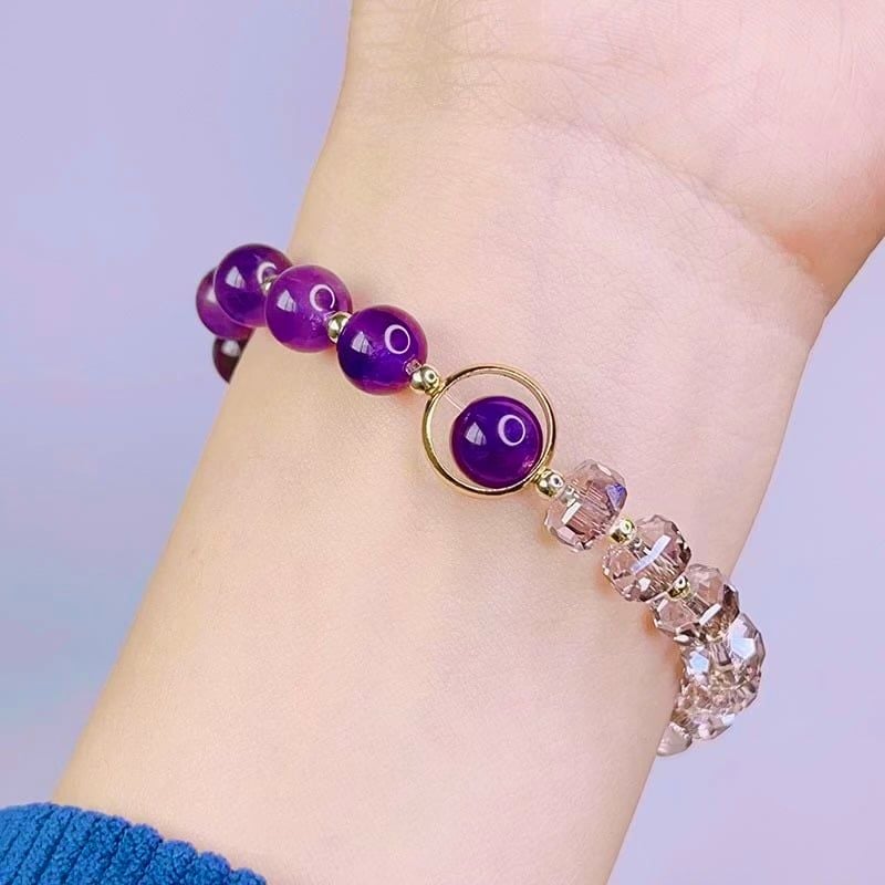  Vòng Đá Phong Thuỷ Cao Cấp - Cỏ 4 Lá May Mắn Pha Lê & Đá Thạch Anh Tím Tự Nhiên 