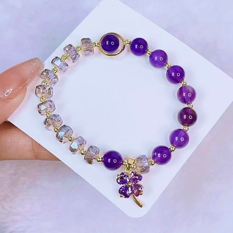  Vòng Đá Phong Thuỷ Cao Cấp - Cỏ 4 Lá May Mắn Pha Lê & Đá Thạch Anh Tím Tự Nhiên 