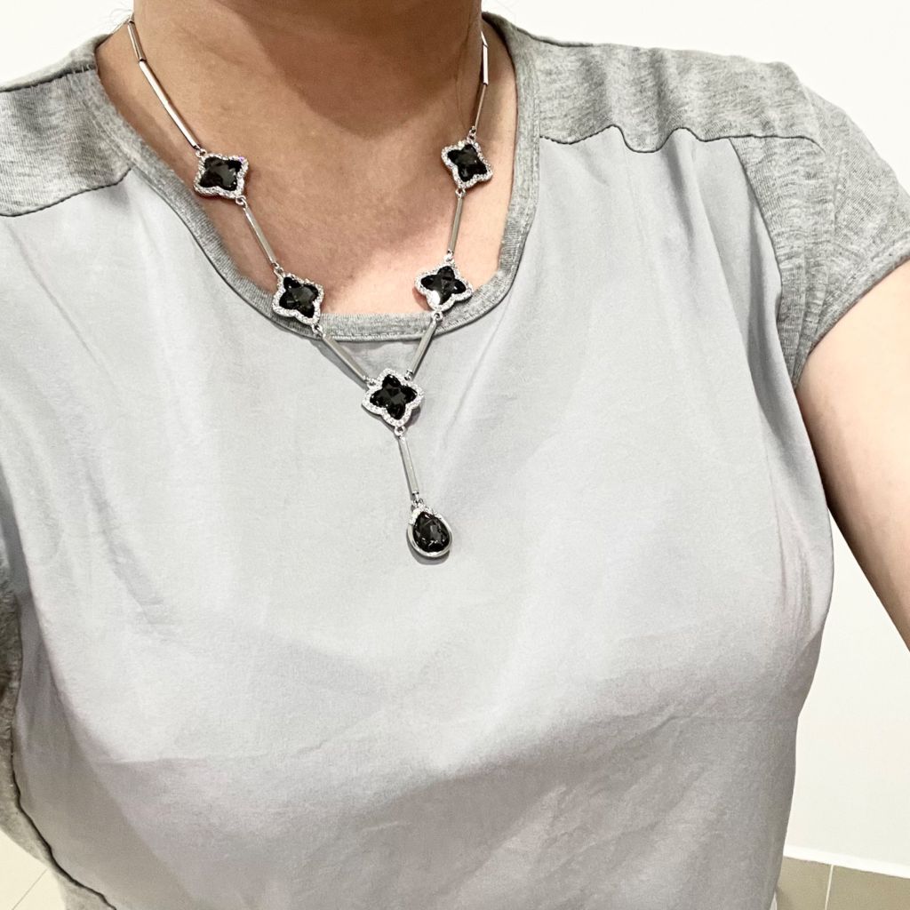  Dây Chuyền Ngắn - Cỏ 4 Lá May Mắn Pha Lê Xanh Rêu Đen & Trắng 